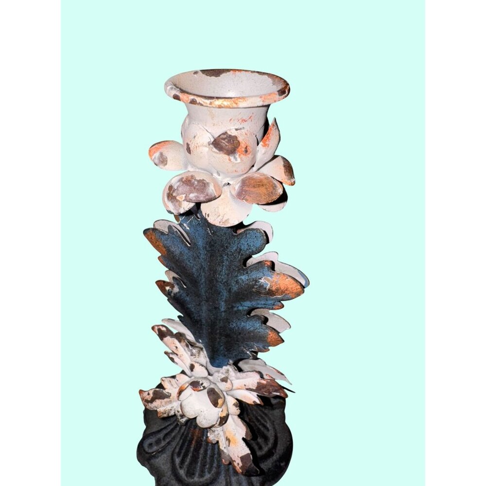 Vintage Metal Floral Candle Holder 12" Shabby Chic Distressed Finish - Picture 2 of 7